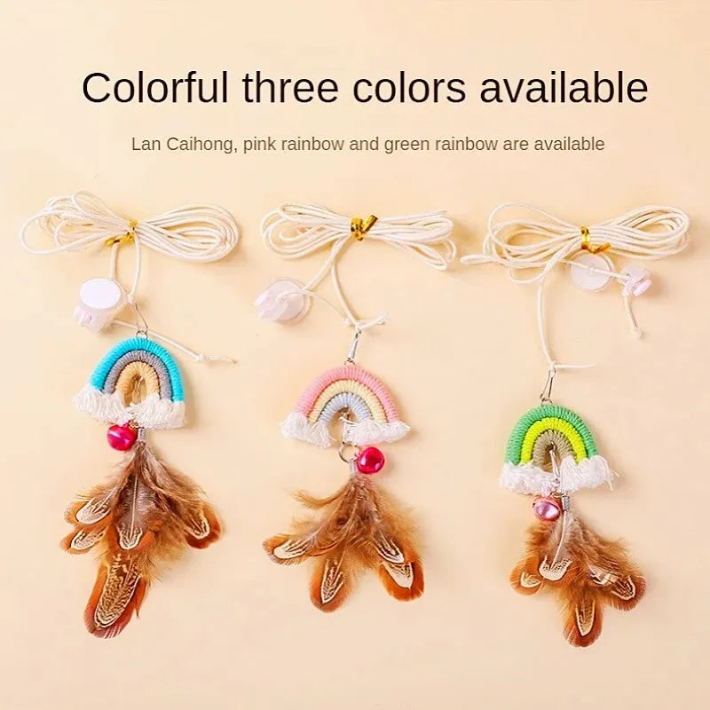 Feather cat rope door swing elastic cat teasing stick toy with sticky buckle clamp in blue, green and pink colours