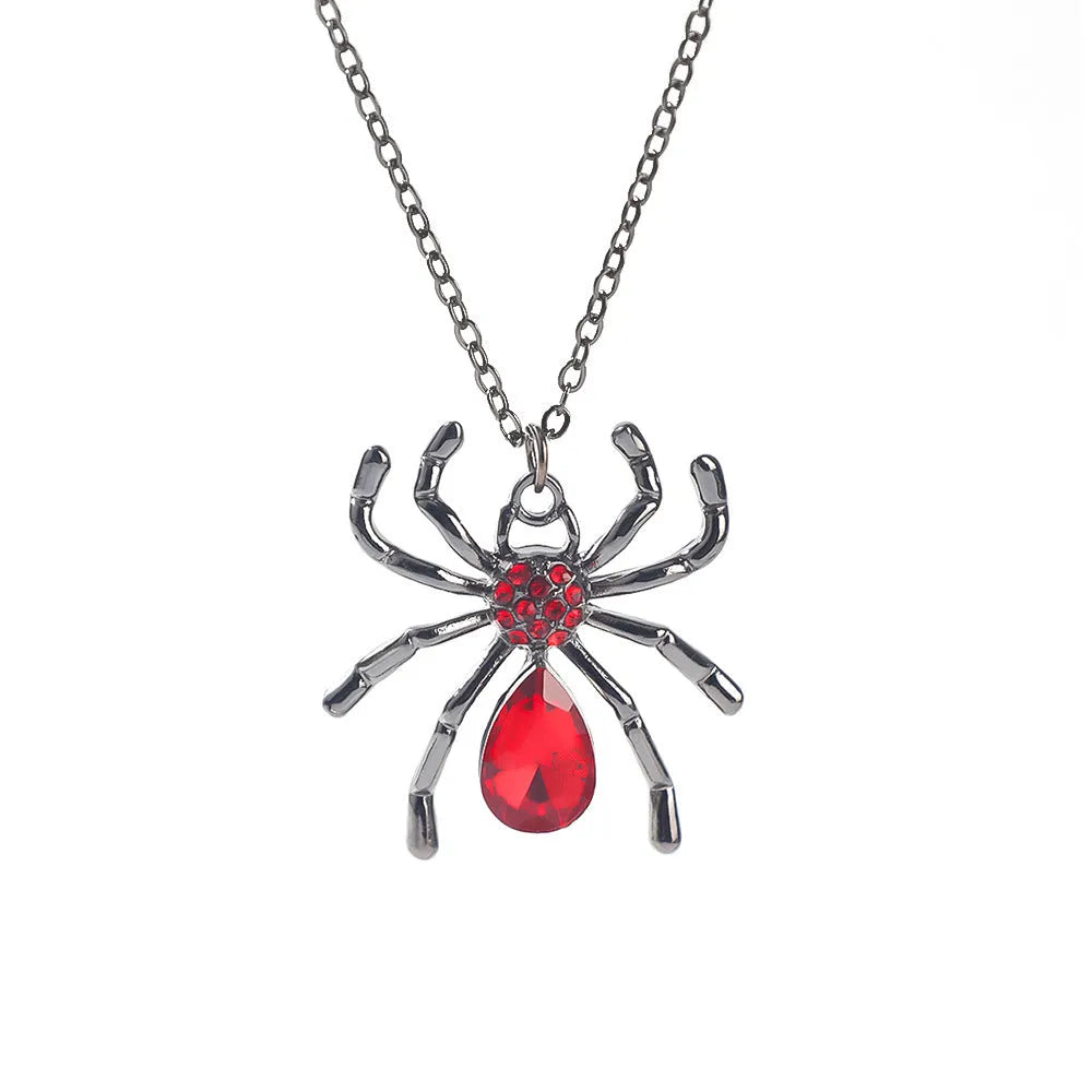 Dark electroplated zinc alloy Halloween necklace with spider bat skull wing pendant options on a regular chain.