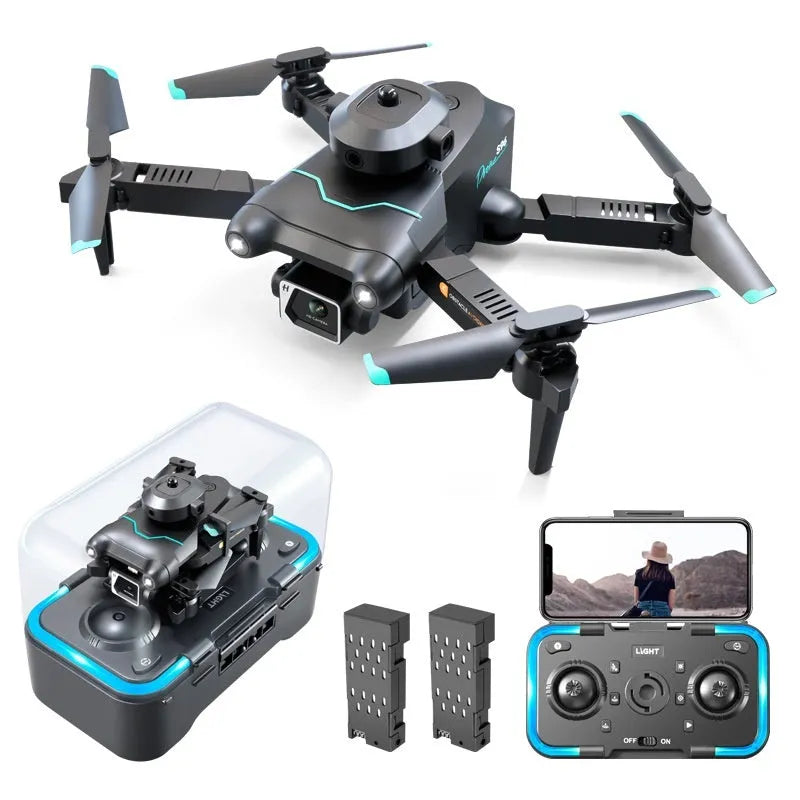Black four-axis aerial drone with propellers and dual camera system on a compact plastic body.