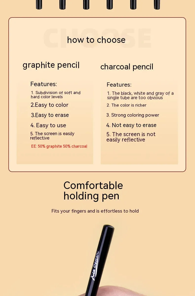 Set of six wood-free graphite sketching pencils with grades HB, 2B, 4B, 6B, 8B, EE for art drawing