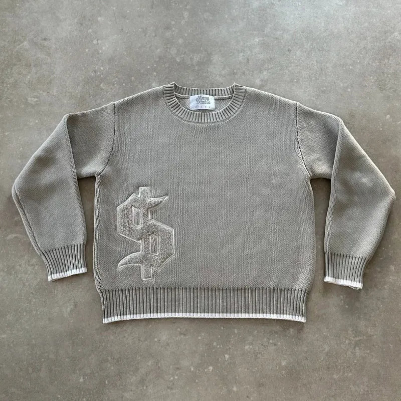 Grey jacquard knitwear coat with loose fit and long sleeves