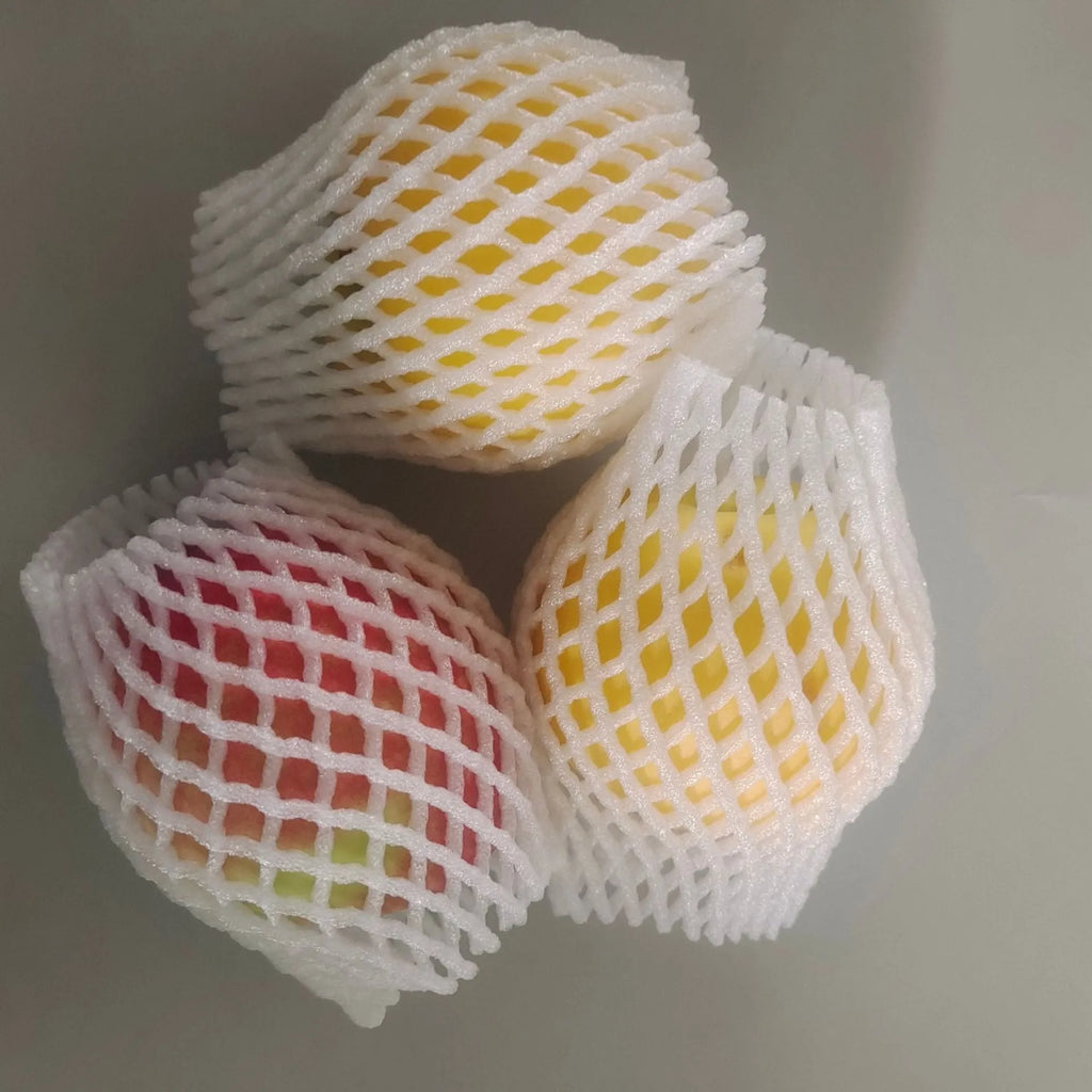 White foam fruit net cover shown in various sizes for protective wrapping.