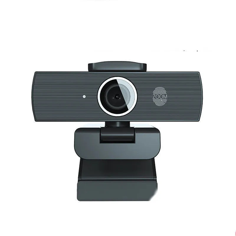 Black USB webcam with magnetic privacy cover shown alongside 1.7 metre cable for video conferencing