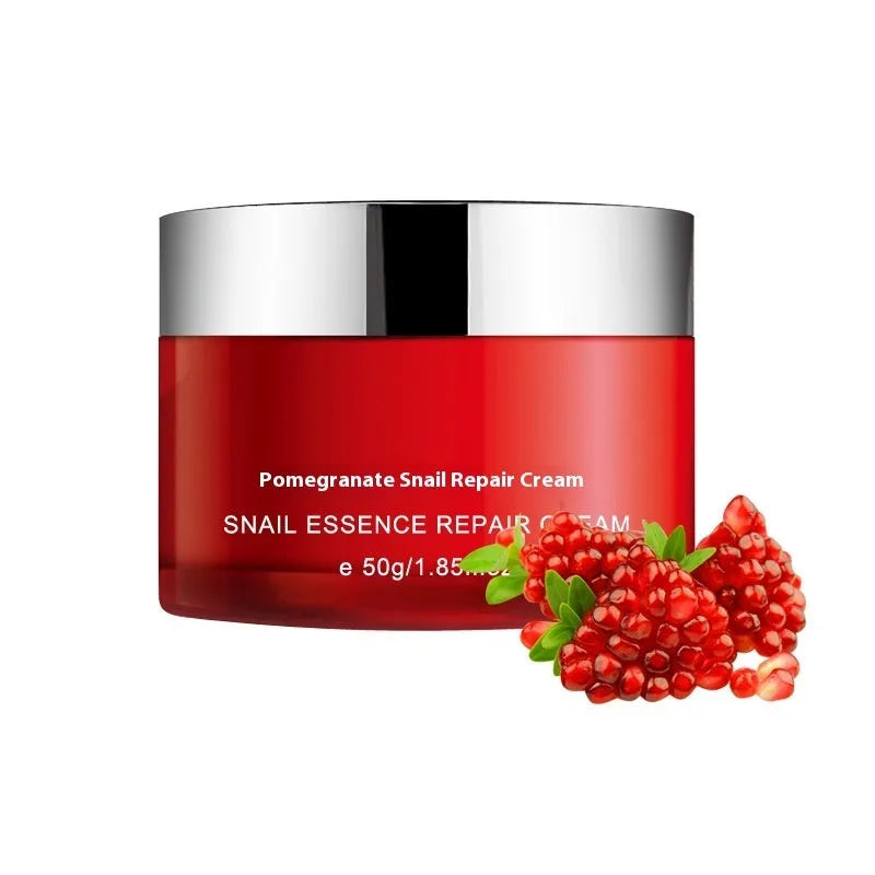 Pomegranate skincare set with four products: face wash, toner, lotion and facial cream in red packaging