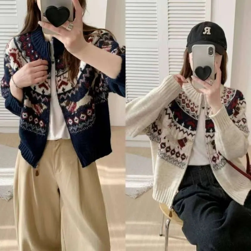 Ethnic jacquard pullover sweater with 3D pattern in loose fit, shown in beige apricot colour with round neck and long sleeves