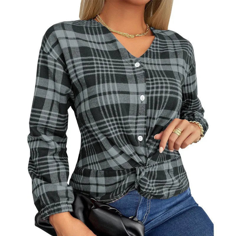 Women's loose-fitting plaid shirt in purple, available in sizes S to 3XL.