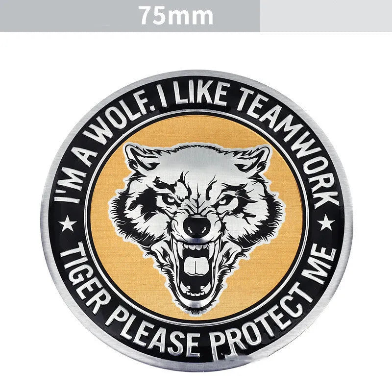 Aluminium car sticker labels showing lion, eagle and wolf head designs for vehicle appearance modification