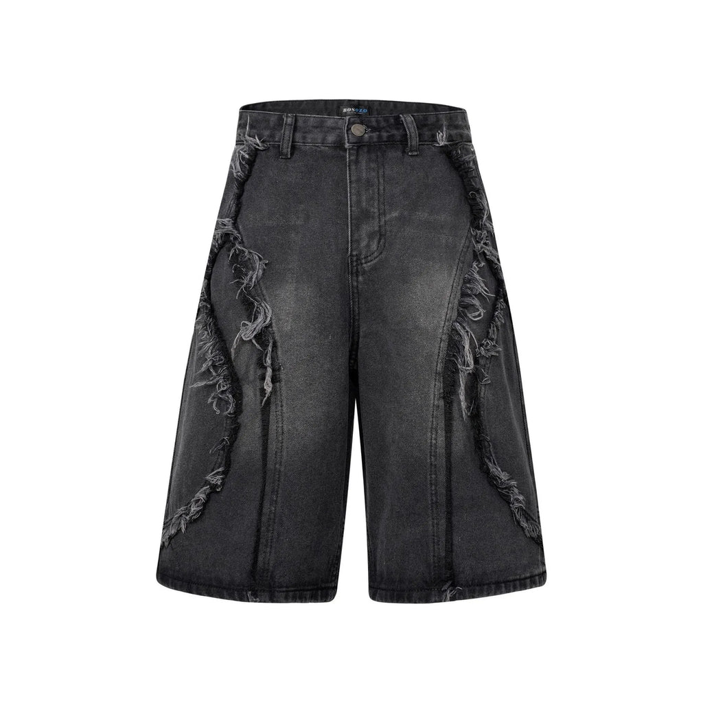 Men's distressed raw edge denim shorts in straight leg cut with cropped length