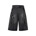 Men's distressed raw edge denim shorts in straight leg cut with cropped length