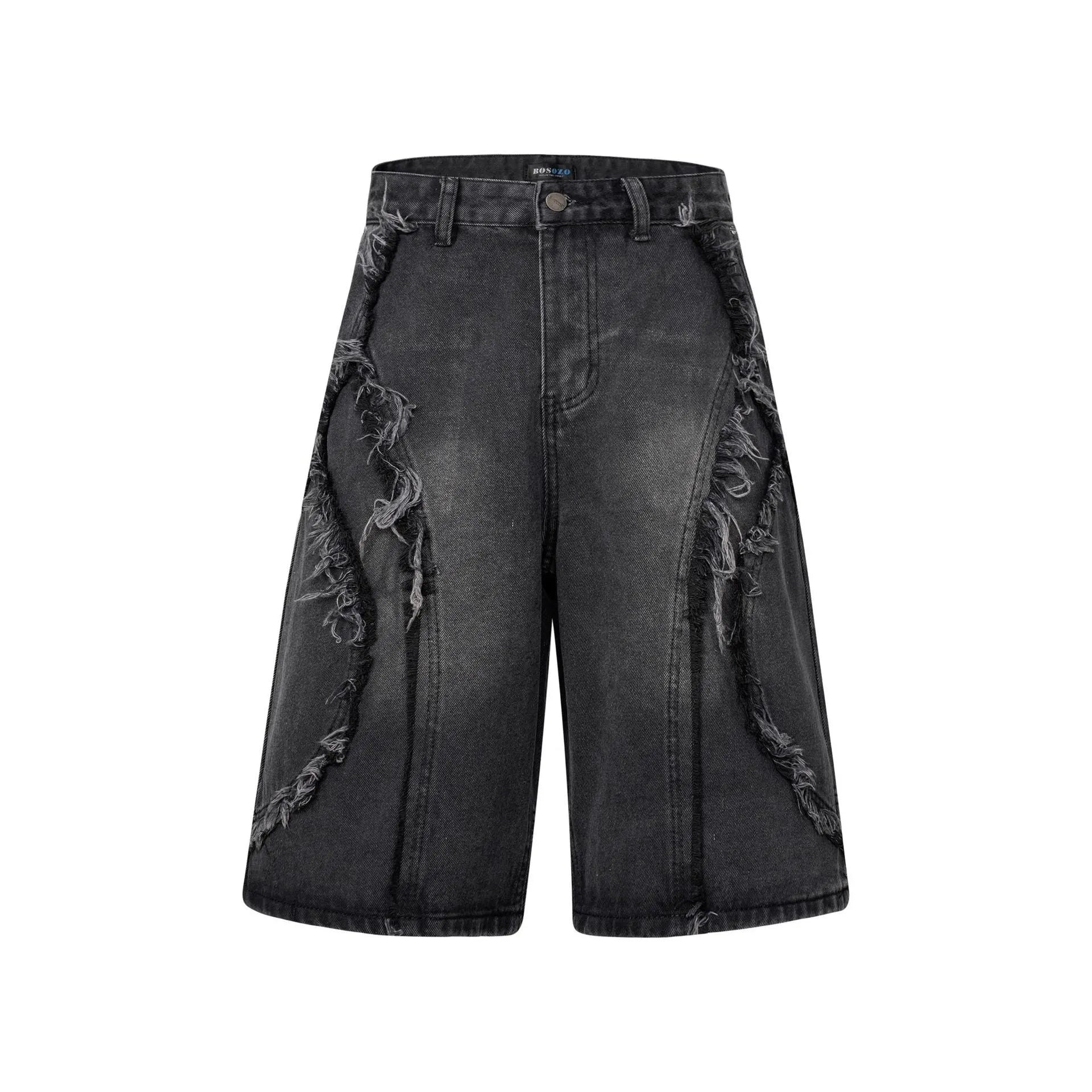 Men's distressed raw edge denim shorts in straight leg cut with cropped length