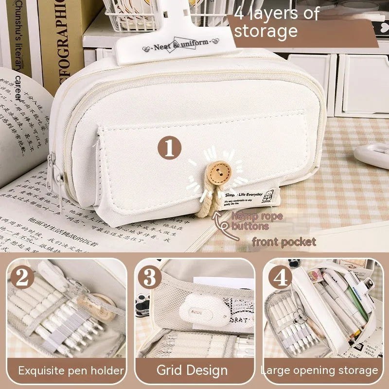 Canvas button-closure pencil case in beige, shown open with pens inside, demonstrating its large capacity.