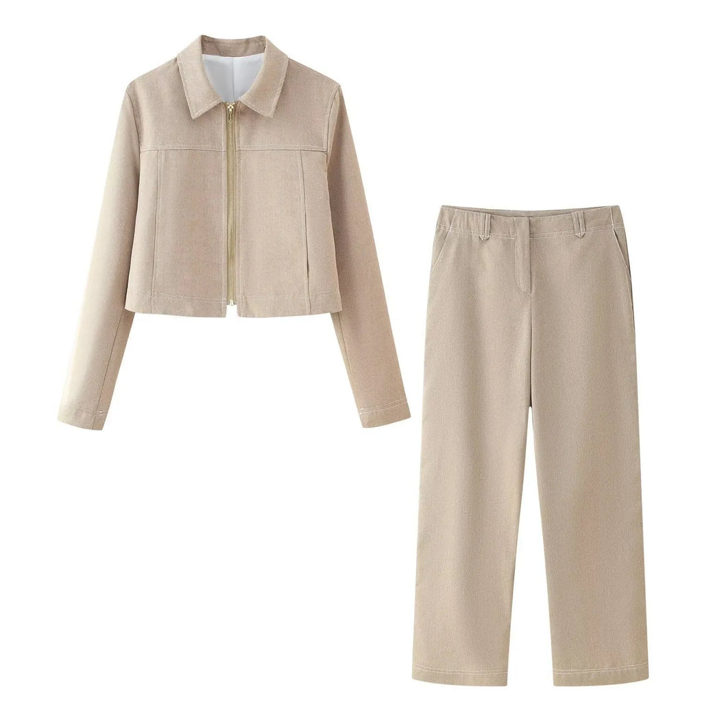 Women's polyester suit set with 3D herringbone pattern jacket and matching trousers
