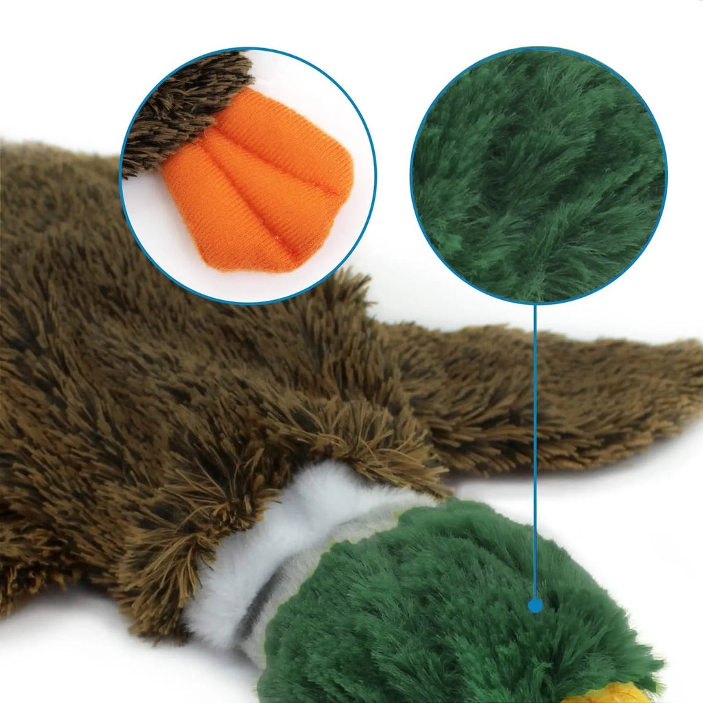 Green plush duck dog toy with stuffless design, squeakers in head and tail, cavity for bottle insertion