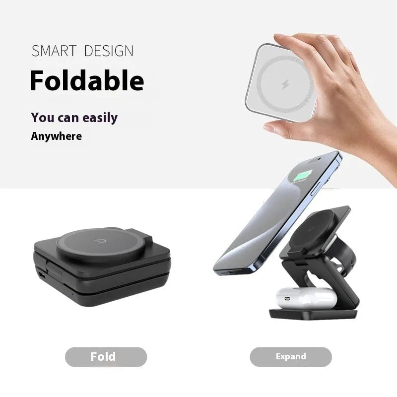 Foldable magnetic wireless car phone charger holder in white on car dashboard