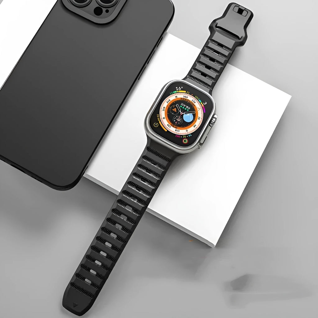 Fluoro rubber replacement watch strap for Apple Watch Ultra and Series models in various colours on a grey background.