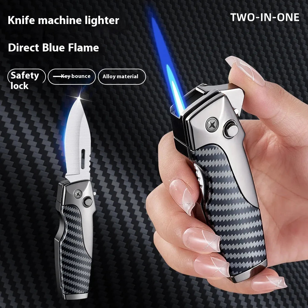Metal folding knife lighter in zinc alloy with safety lock and one-click unfolding mechanism