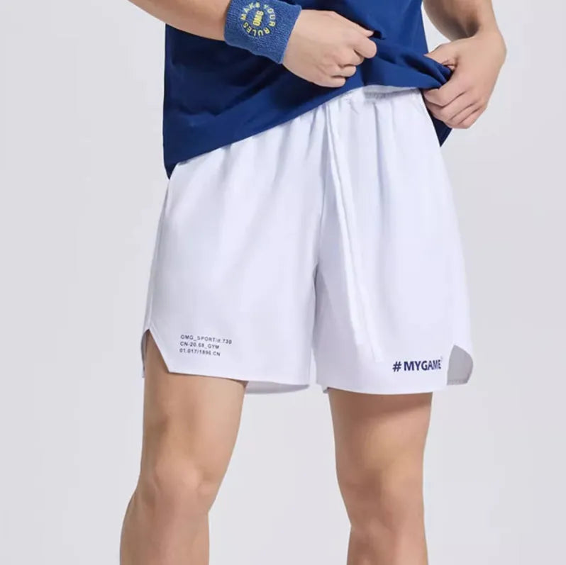 Men's training fitness shorts in blue, black, grey, or white with moisture-wicking fabric.
