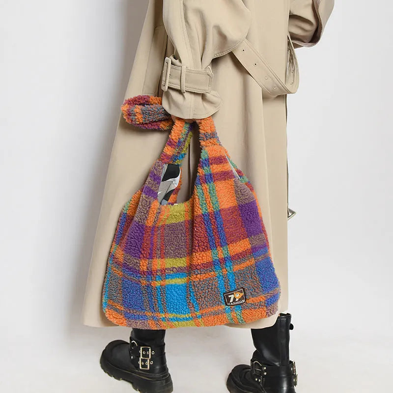 Women's soft plush plaid crossbody tote bag in Army Green showing large capacity and strap-free design.