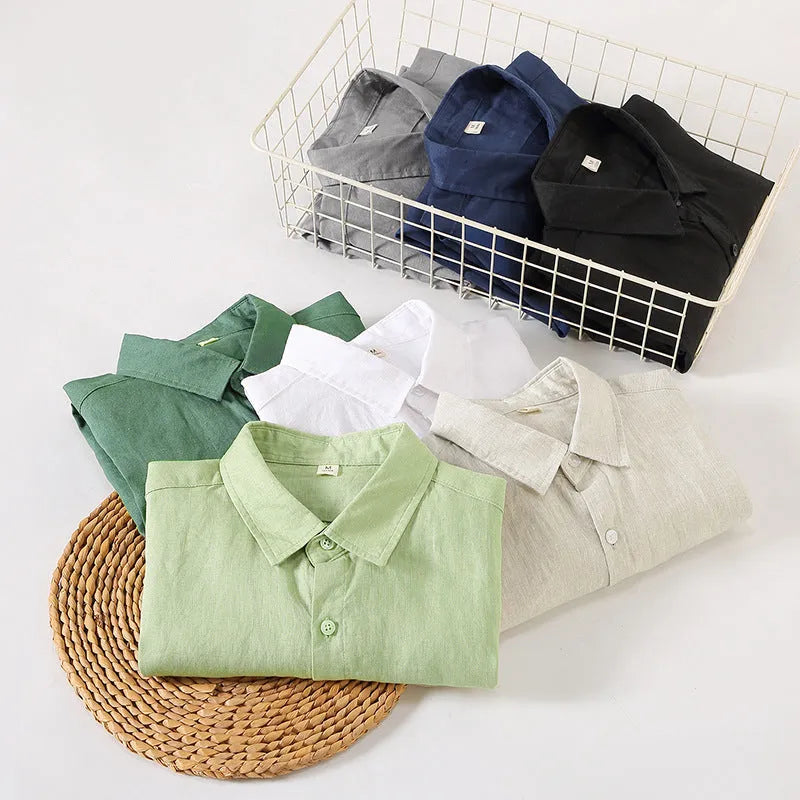 Long sleeve linen shirt in cardigan style with Chinese design elements, shown in light colour on hanger