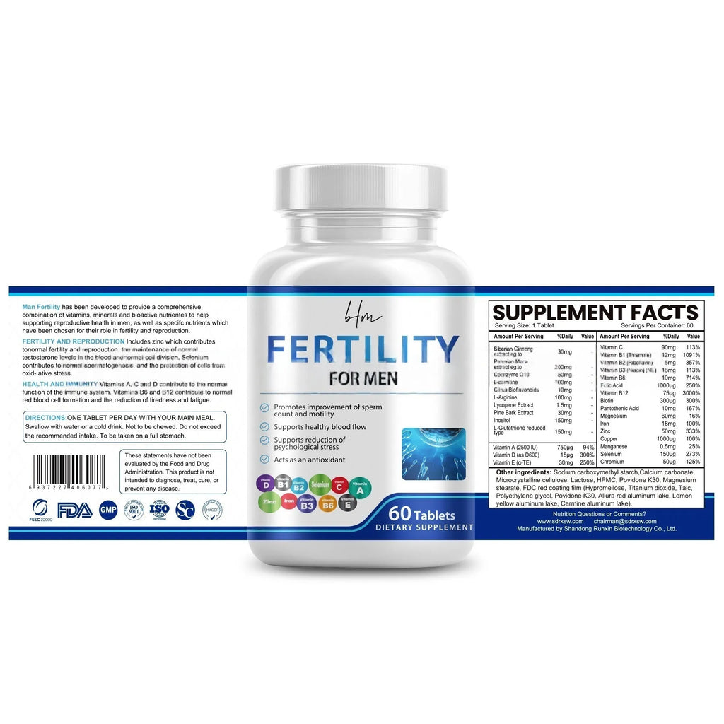 One bottle of 60 male fertility tablets, a dietary supplement with a vitamin mineral amino acid complex.