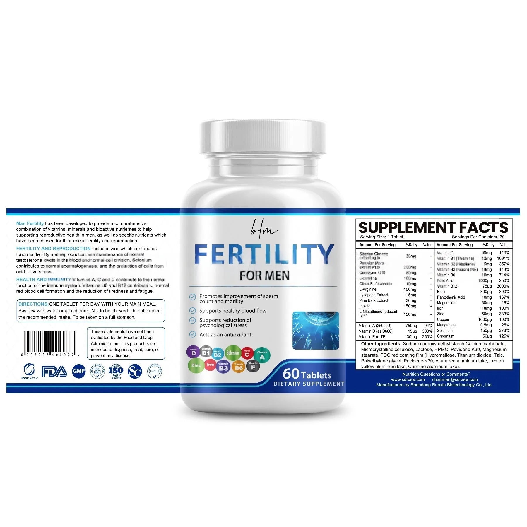 One bottle of 60 male fertility tablets, a dietary supplement with a vitamin mineral amino acid complex.