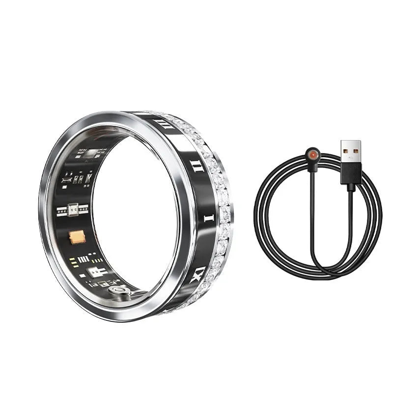 Silver and gold smart ring with health tracking features including blood oxygen monitoring
