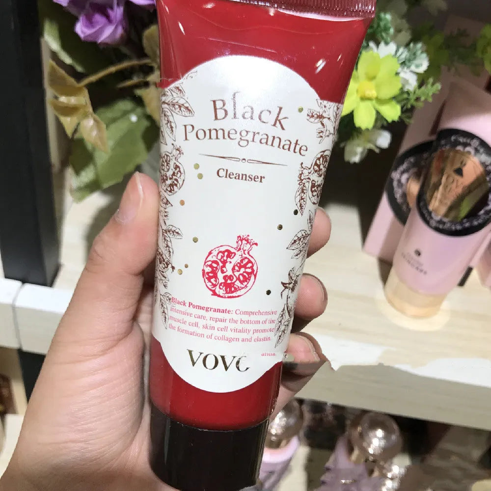 Pomegranate skincare set showing six products: cleanser, water, essence, milk, cream, and eye cream