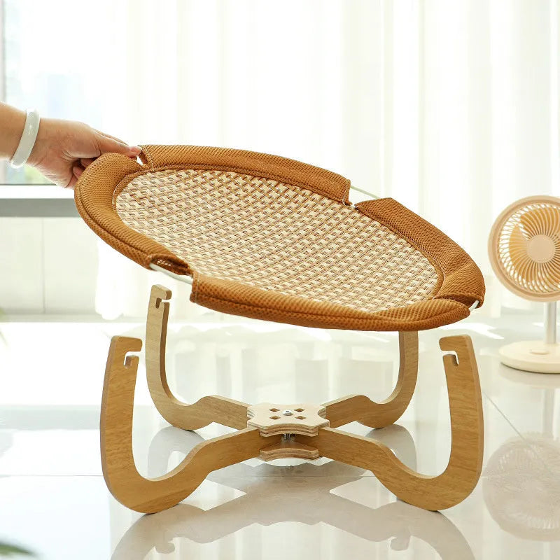 Brown woven rattan pet hammock bed for cats and small dogs, measuring 46cm square.