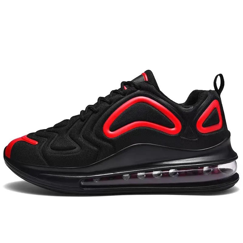 Men's black lace-up sneakers with air cushion technology and thick sole for running