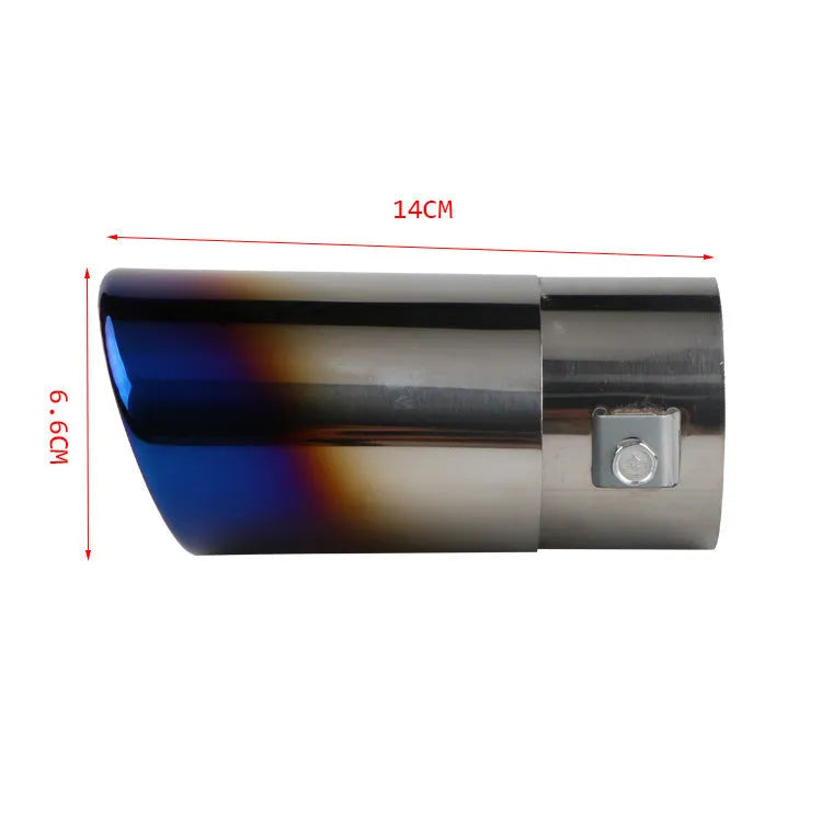 Stainless steel car exhaust tailpipe in blue finish, shows straight and curved style options.