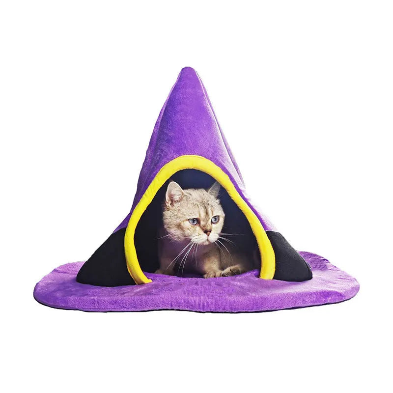 Purple Halloween witch hat shaped cat bed measuring 60 by 45 centimetres