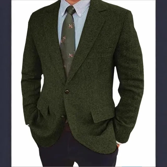 Man wearing a brown herringbone pattern retro suit jacket with a long sleeve cut.