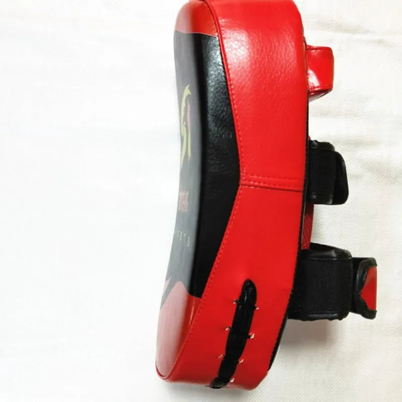 Black and red PU leather boxing Sanda hand target pad showing dimensions and double buckle strap.