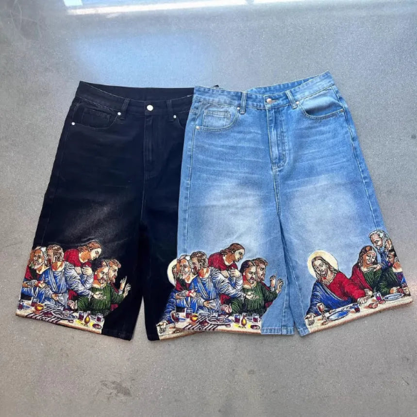 Blue men's cotton tapered shorts featuring a Jesus print on the back pocket.