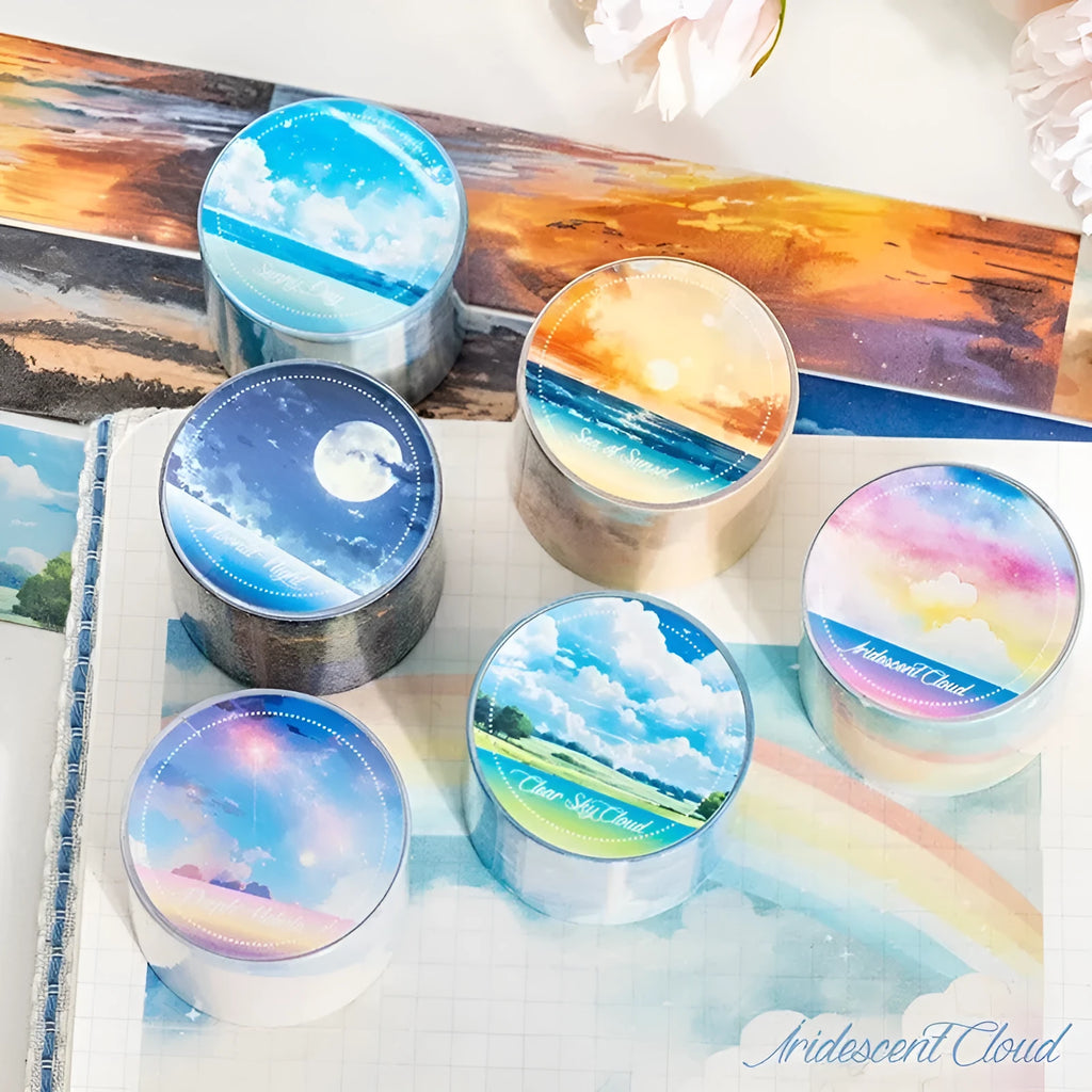 Roll of Japanese paper decorative tape with sky theme designs including clouds and nebula, labelled 30mm width.