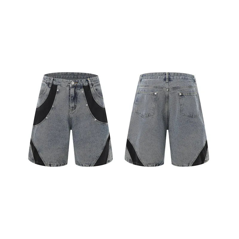 Retro washed blue denim short-sleeve jacket and trouser suit set laid flat.