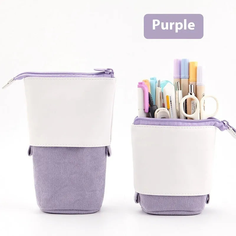 Korean style drop-down telescopic stationery case in cotton and linen with PU corduroy exterior