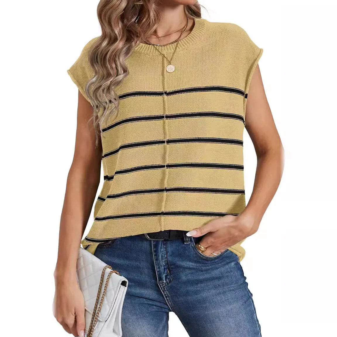 Women's striped sleeveless vest pullover in acrylic knit with bone stitching detail