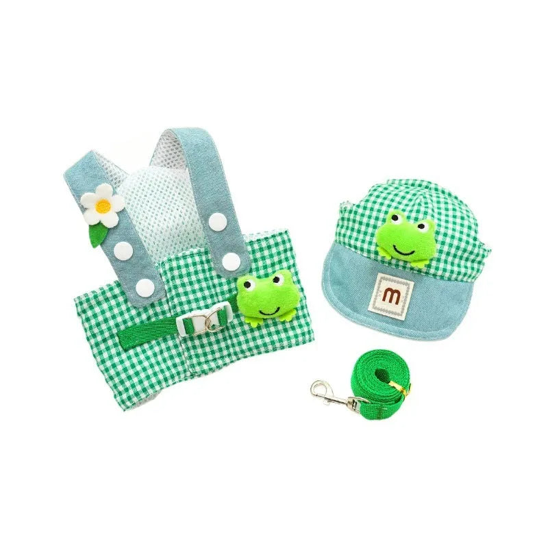 Frog cat harness and lead rope set in cotton, sized XS-XL, with frog green plaid and french fries red plaid options.