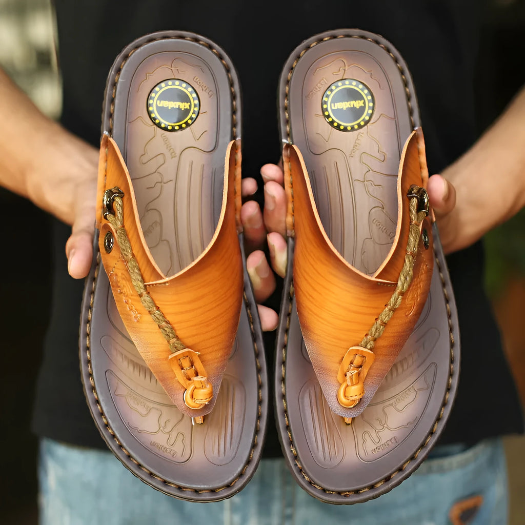 Plus size dark blue men's outdoor slippers with herringbone rubber sole and artificial PU upper.