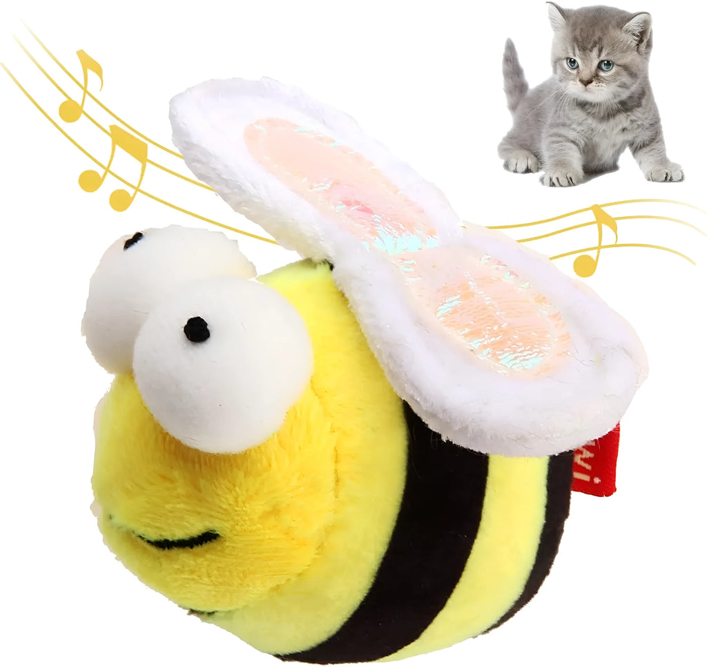 Yellow bee-shaped interactive cat toy with motion-activated squeaking sounds