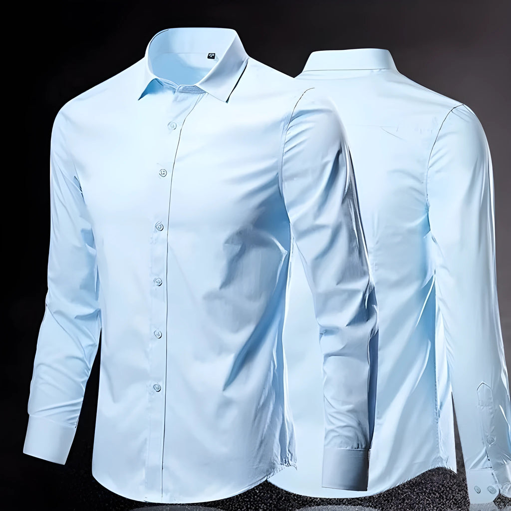 Men's loose-fit long-sleeve linen shirt on a hanger, shown in a neutral colour.