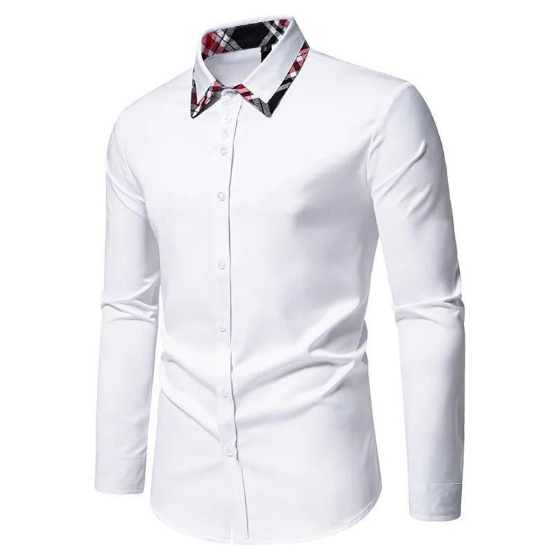 Men's long sleeve plaid shirt with triangle collar in blue, black, or white colour options.