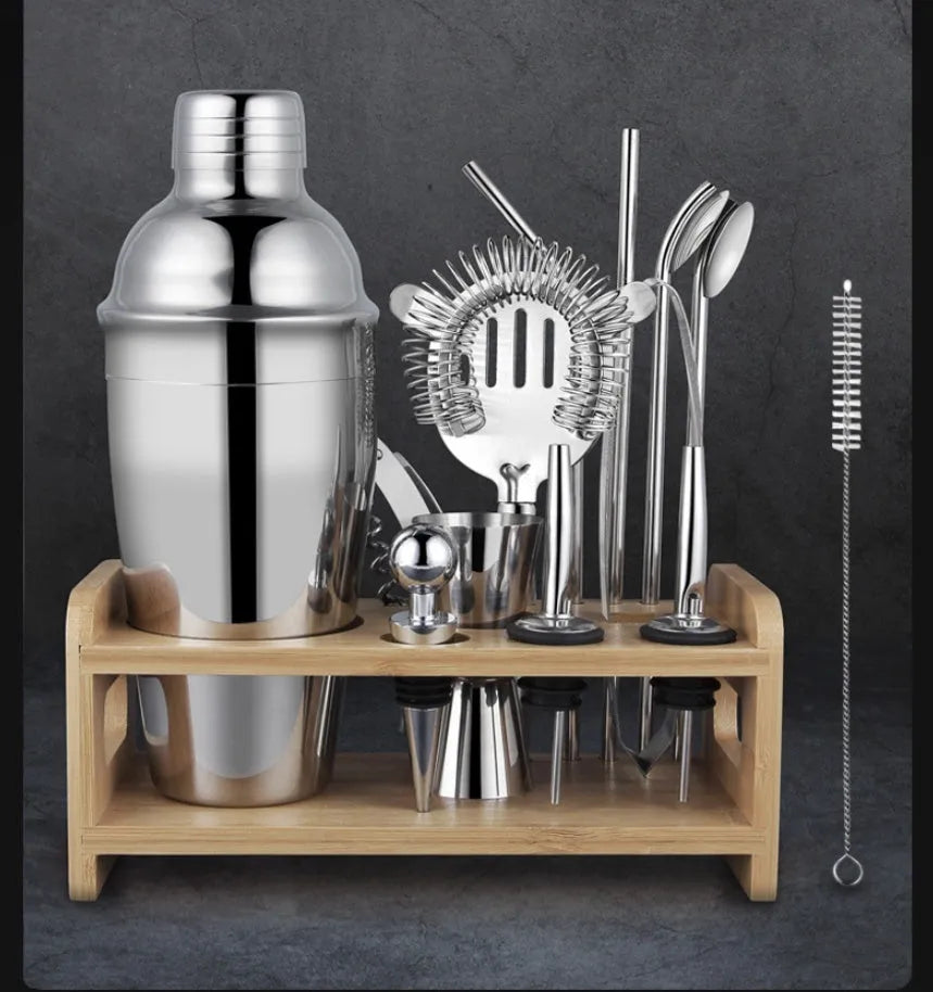 23-piece acrylic-European style stainless steel cocktail shaker and bar tool set.