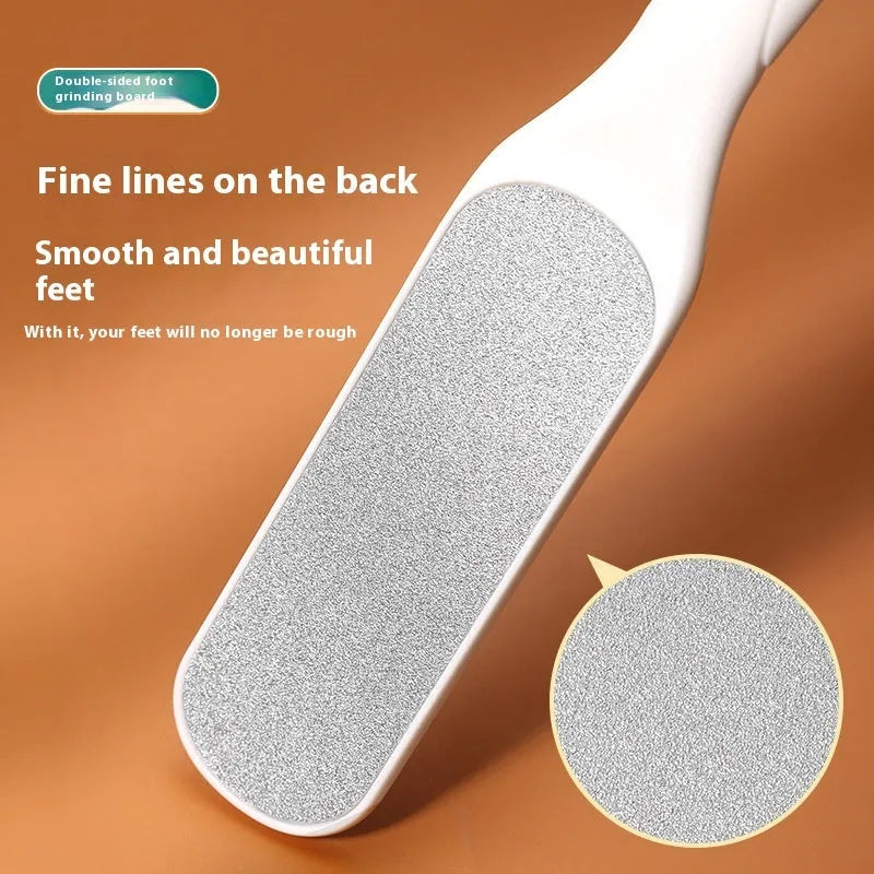 Stainless steel double-sided foot grinder for callus removal, shown in black and white colour options.