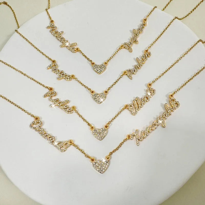 Customised diamond inlaid multi name necklace on stainless steel O-shaped chain, gold finish, with heart charms