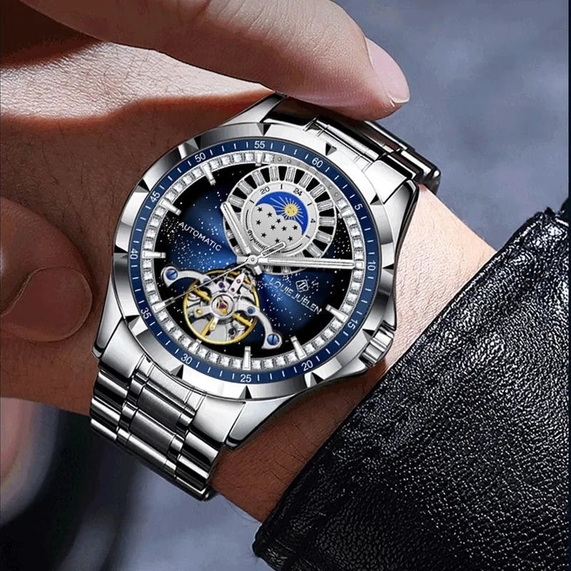 Men's silver waterproof automatic mechanical watch with blue face and stainless steel strap