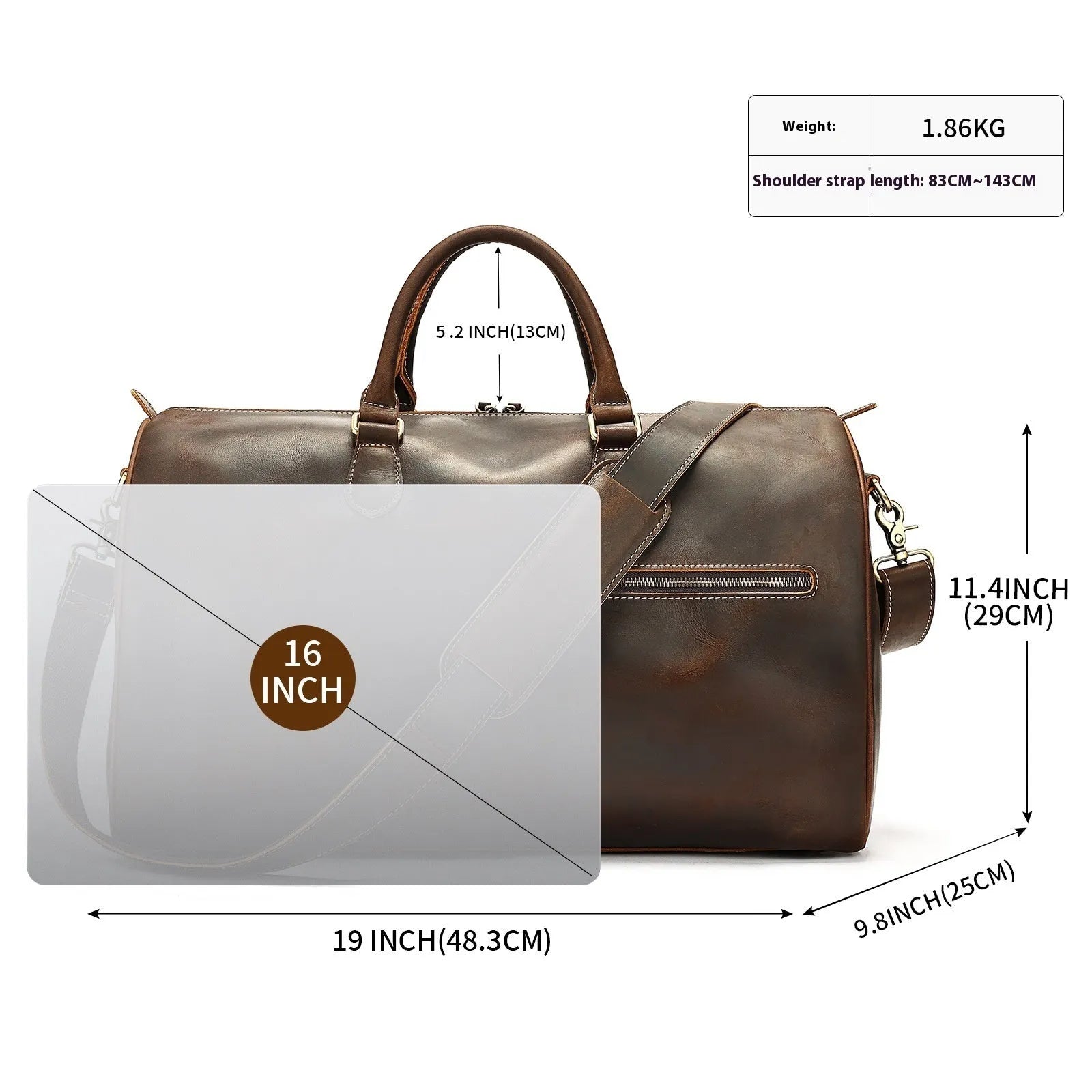 Men's large genuine leather crossbody bag in brown shown with dimensions