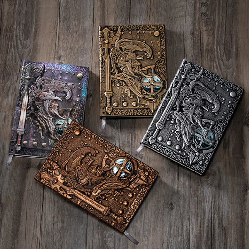 A5 leather notebook with embossed 3D warriors relief design on cover in multiple colour options