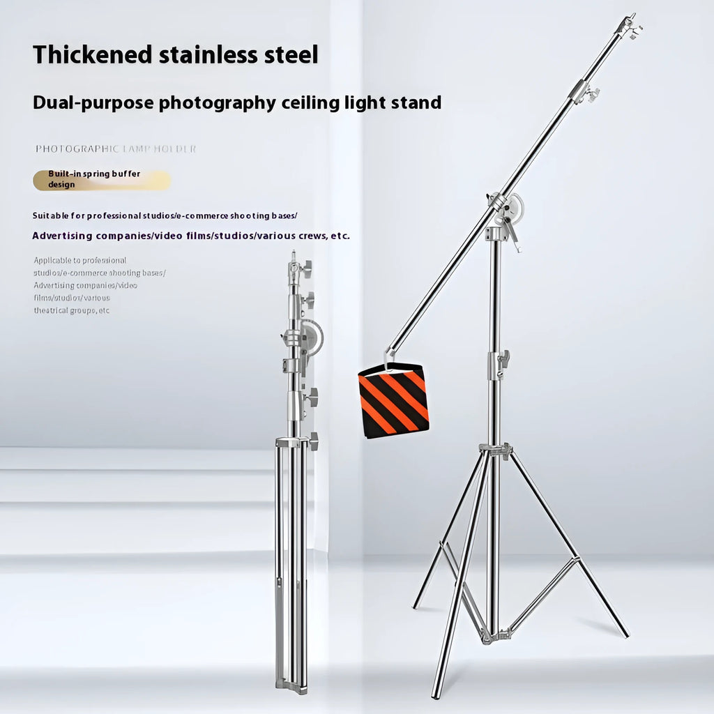 Stainless steel telescopic ceiling lamp rack extended to full height with silver finish